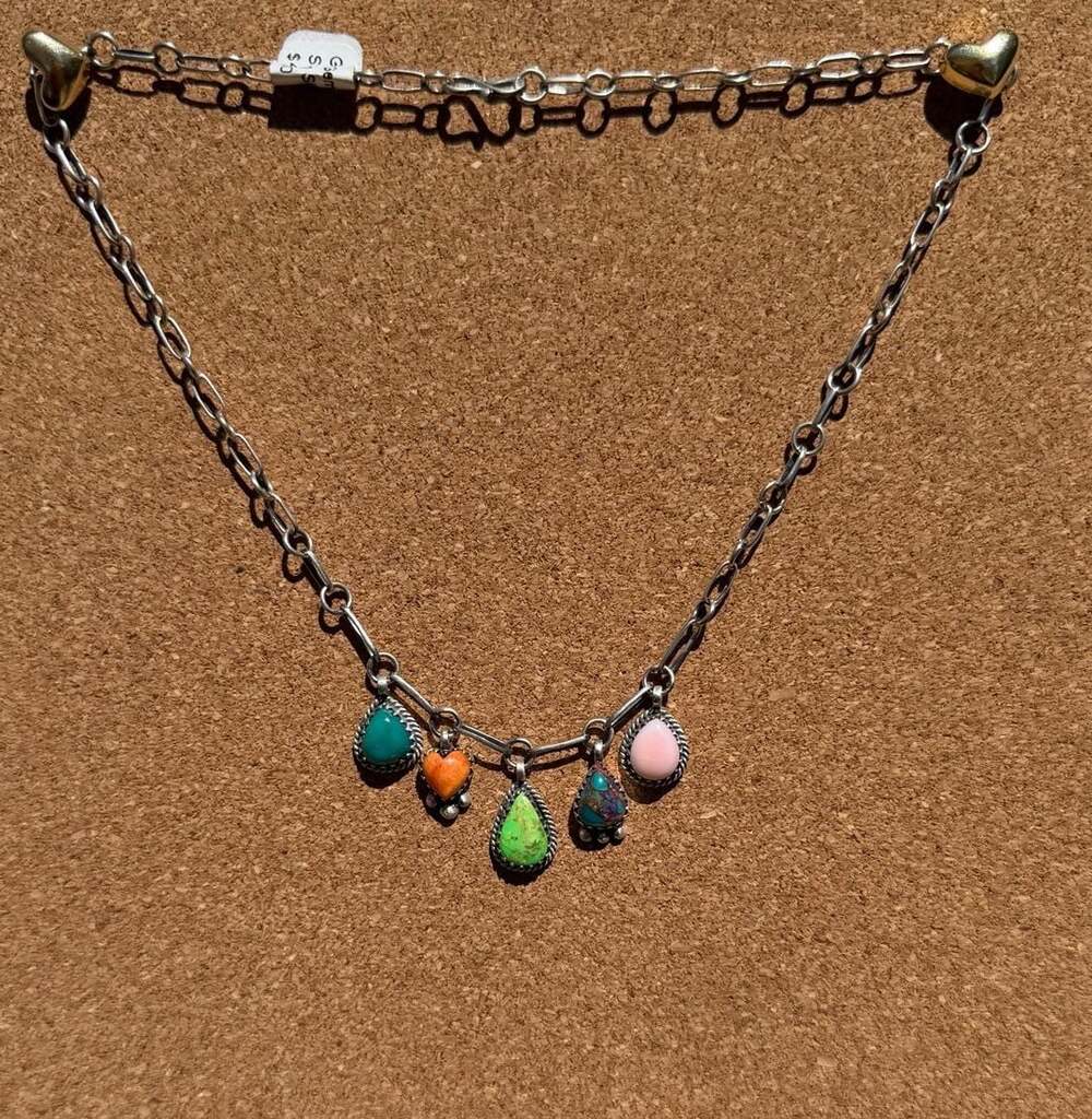 925 Sterling Silver Multi Stone Charm Necklace